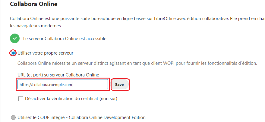 Menu de configuration pour l'accès au serveur Collabora.