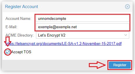 Menu de création du compte ACME