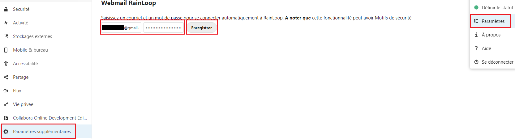 Menu de connexion automatique RainLoop