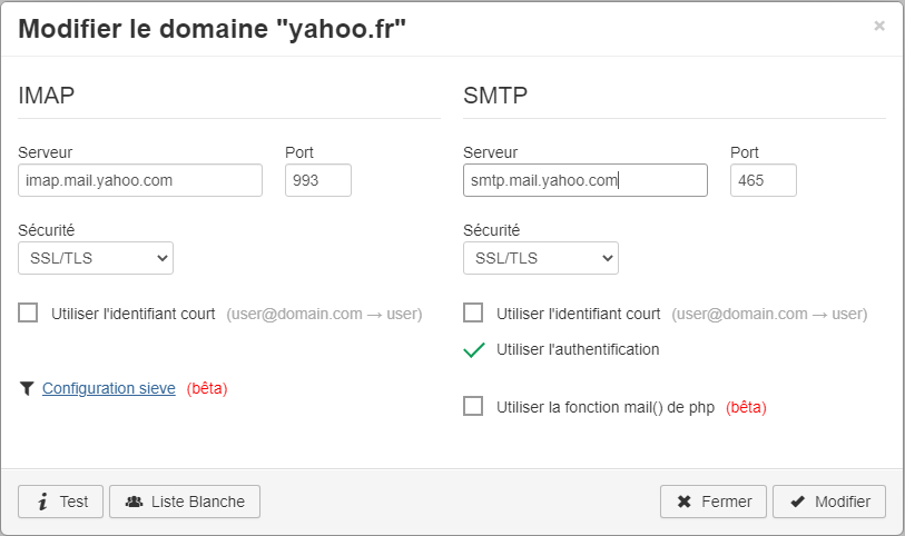 Configuration du domaine "yahoo.fr"