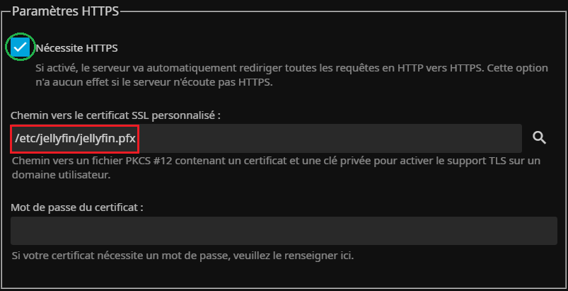 On indique le chemin du certificat..