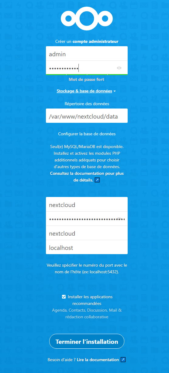 Page d'installation NextCloud