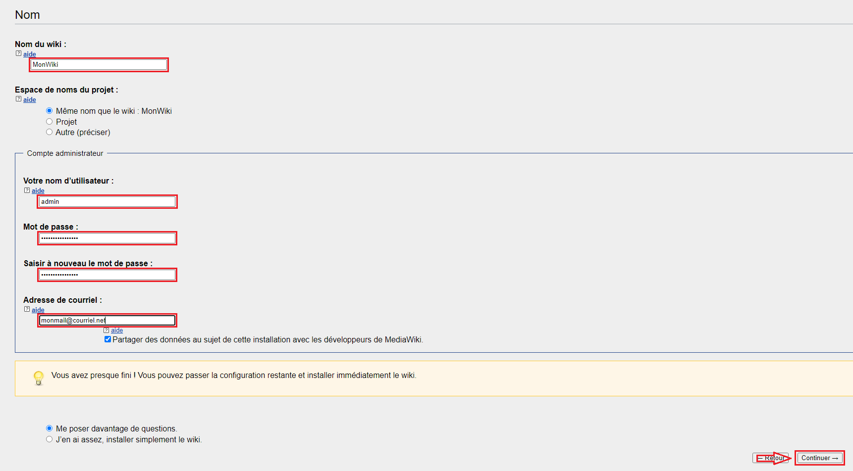 Nom Wiki et compte admin..