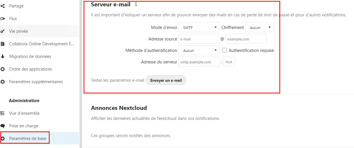Menu de configuration du courriel du serveur