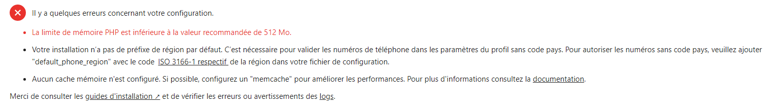 Message d'erreurs post installation