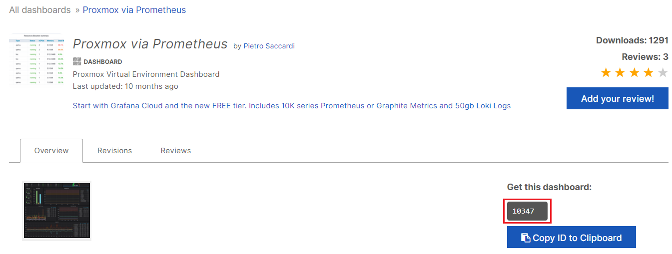On note le numéro pour l'importation dans Grafana!