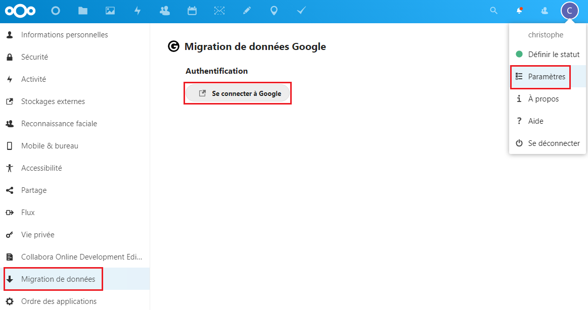 Menu d'importation Google