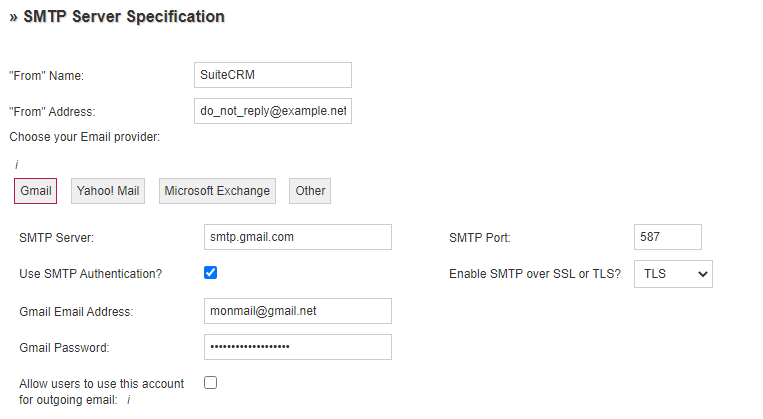 On configure le SMTP de SuiteCRM..