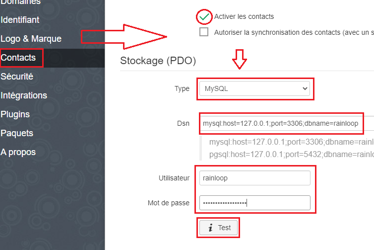 Page de configuration des contacts