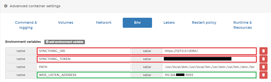 Variables d'environnement du container..