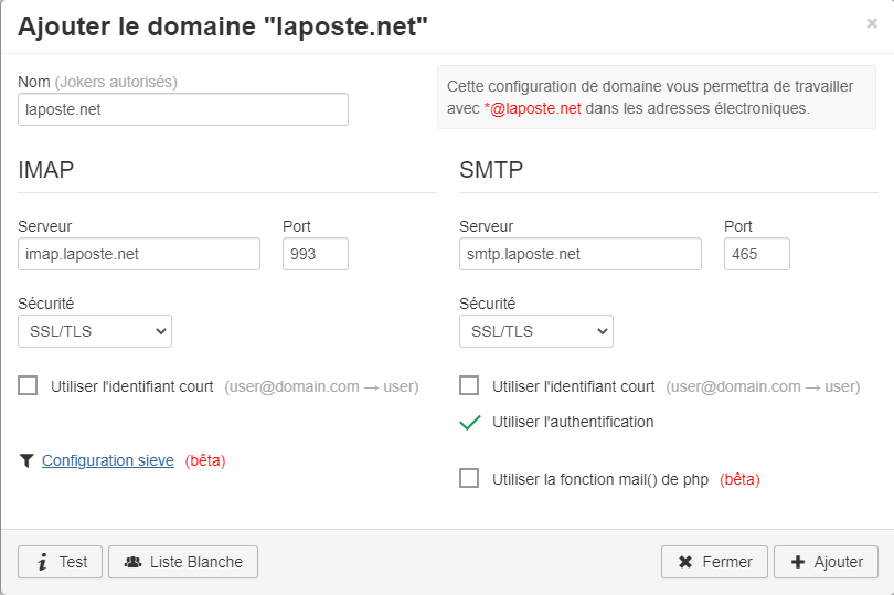 Configuration du domaine "laposte.net"